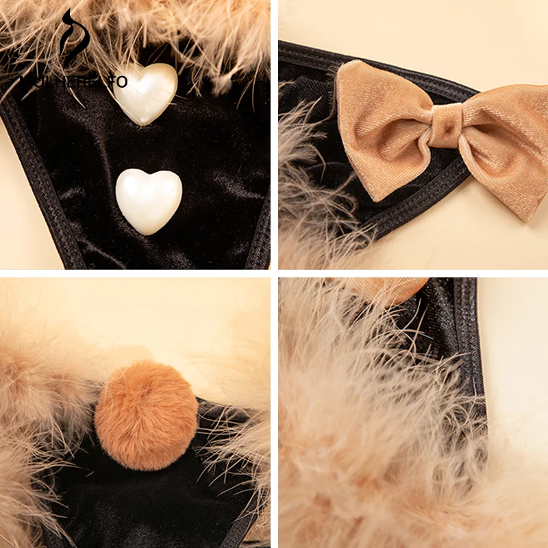 

Temptation Backless Women Erotic Lingerie Set Sexy Villus Bownot Female Undrwear Button Underpants Christmas Elk Uniform Suit