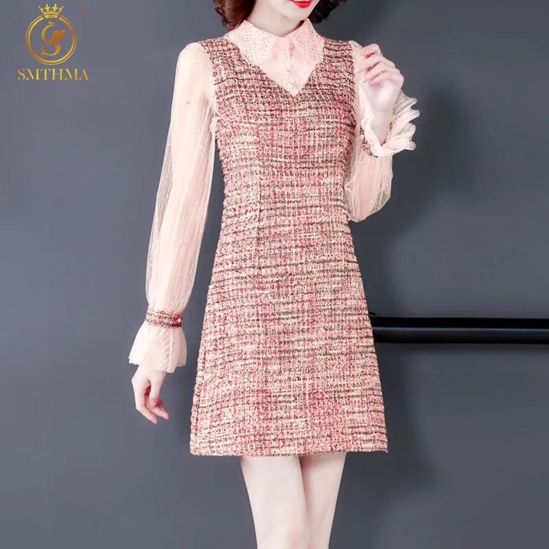 

Women's Elegant Party Dress 2021 New Autumn And Winter Tweed Woolen Patchwork Dress Casual Lapel Flare Long Sleeve Dress