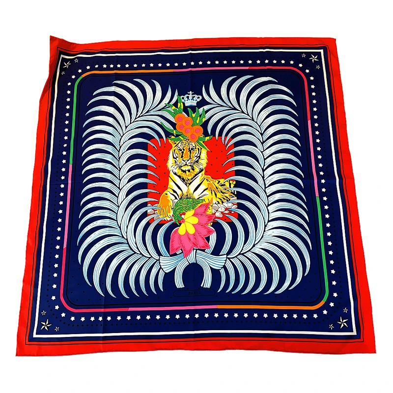 

90cm Luxury Brand Bandana Hijab Scarf Women Handmade Curled Twill Silk Square Scarf Tiger Design Foulard Femme Head ScarvesSjaal
