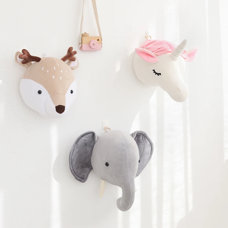 

Nordic Stuffed Toys Animal Head Wall Hanging Decoration Elephant Unicorn Elk Home Decor for Bed Children Baby Girl Kids Room