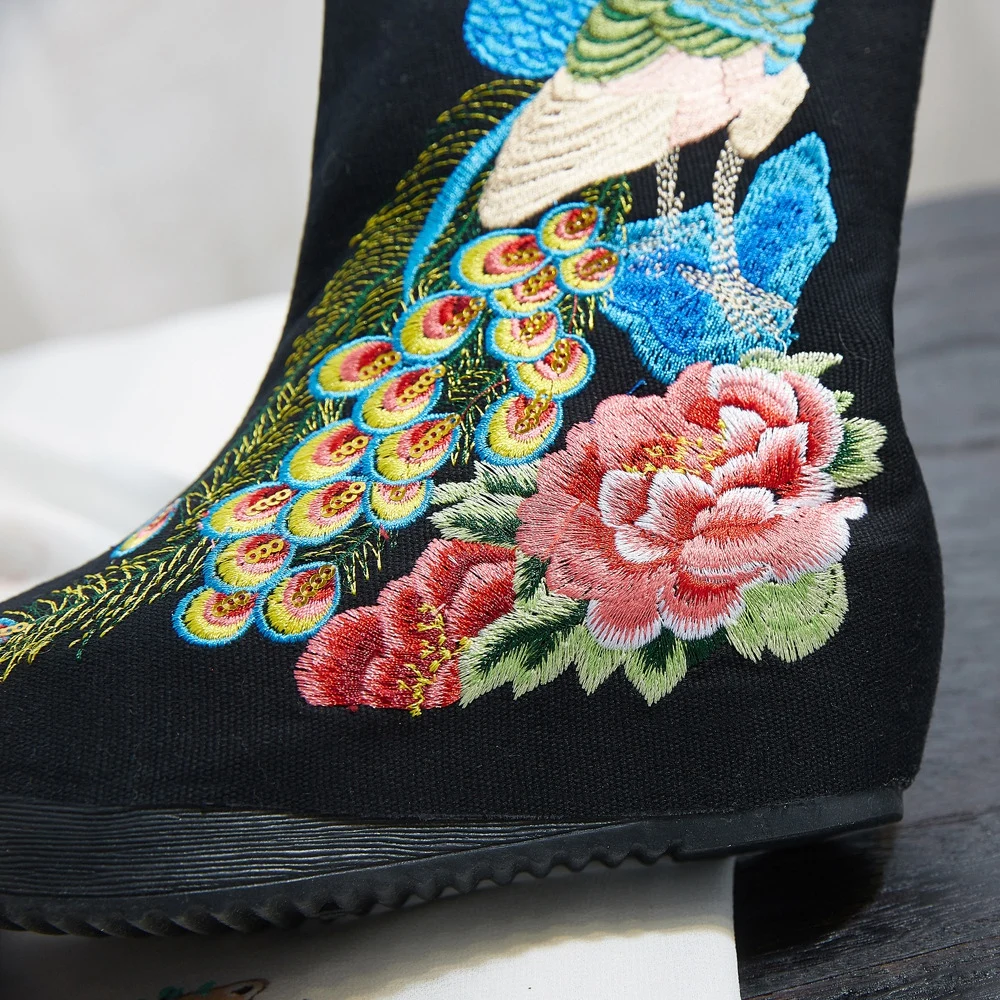 Veowalk Sequins Peacock Embroidered Women Cotton Fabric Short Boots Hidden Wedge Platform Comfortable Autumn Shoes for Ladies | Обувь