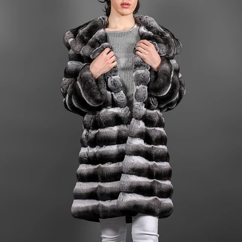 Winter Fashion Long Fur Coat With Hood Warm Overcoats Whole Skin Genuine Rex Rabbit Fur Jacket Chinchilla Color Fur Coats Woman