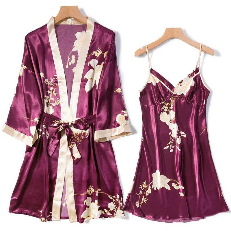 Faux Silk Sleepwear Women Kimono Bathrobe Gown Print Flower 2PCS Robe Set Nightgown Soft Intimate Lingerie Home Dressing Gown