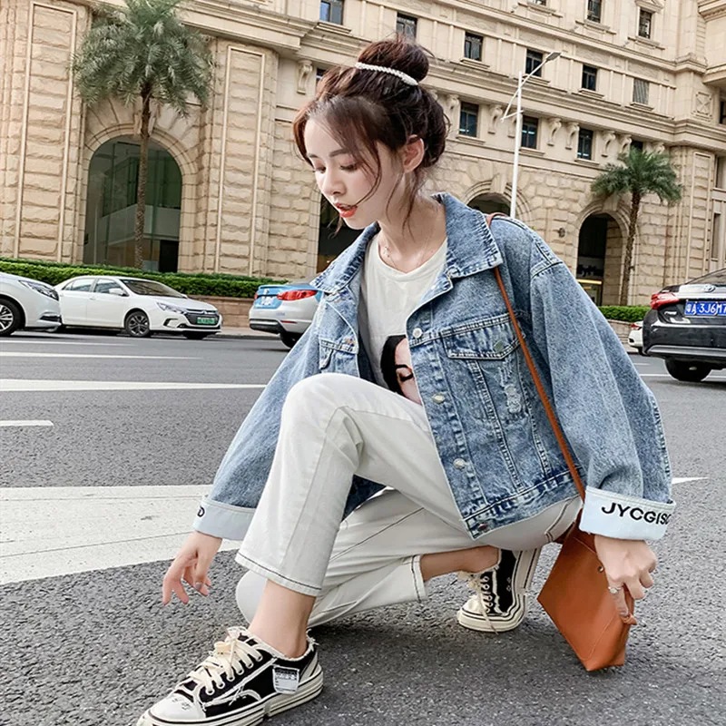 2019 Новая модная джинсовая куртка с буквенным принтом светло-голубой бомбер