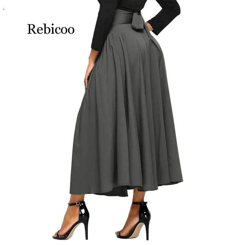

Women Fashion Summer Pleated Long Skirts High Waist Back with Bow Tie Elastic Waist Skirts Jupe Femininas Mujer Faldas Saias