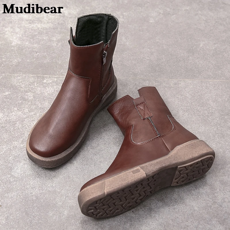 

Mudibear Leather Boots Women's 2020 Spring Autumn Shoes Platform Flat Booties Female Plus Size Botas Mujer Black Boots Fashion