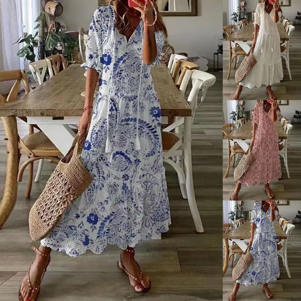 

Women Dress Ethnic Print V Neck Summer Autumn Elegant Half Sleeve Ruffles Hem Dress for Daily Wear Wholesale drop shipping
