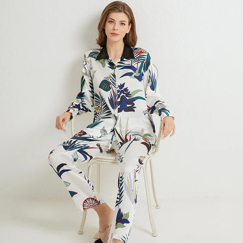 Casual Printed Sleepwear Women 100% Silk Pajamas Suit Pijamas Sexy White Silky 2pcs Sleep Set Lounge Loose Spring New Home Wear