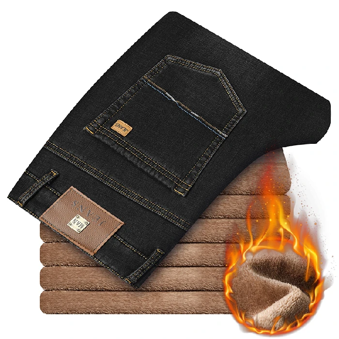 Jeans men straight autumn and winter business casual stretch slim jeans men's trousers plus velvet thickening | Мужская одежда