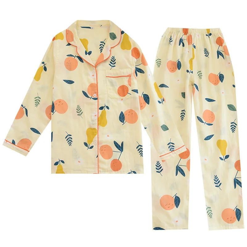 

Spring 100%Cotton Pajamas Set Women Long Sleeve Sleepwear Fruit Print Home Clothes 2021 New Summer Thin Pyjama Femme Homewear
