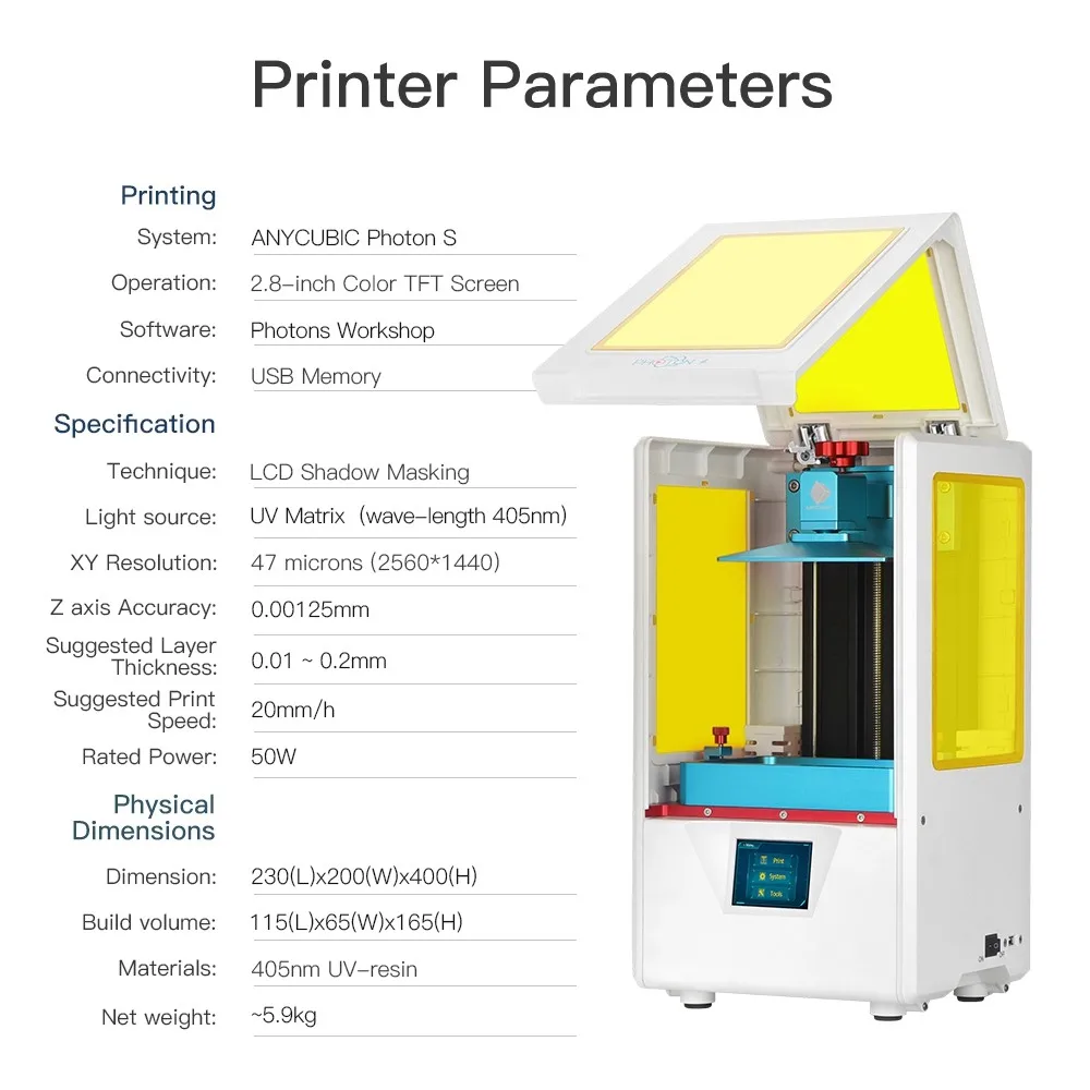 3D принтер ANYCUBIC Photon S устройство для объемной печати 2 цвета ЖК дисплей
