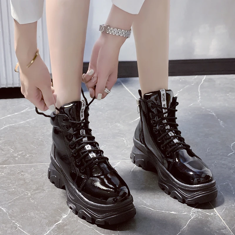 

Bright White / Black Martin Boots Women's Plus Velvet Heavy-Bottomed Boots Increase Women's Shoes Patent Leather Sweet Lolita