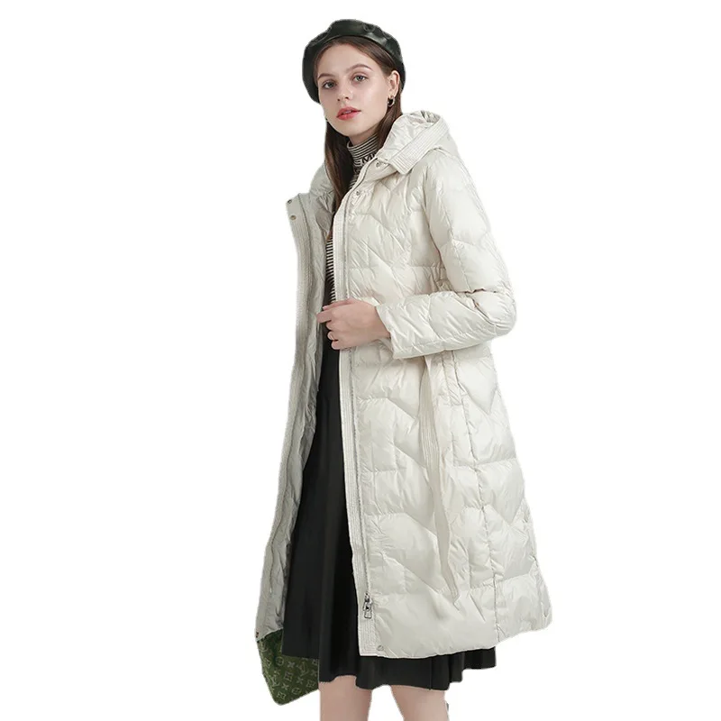 Women's down jacket long loose 2021 New version hooded waist lacing 90% white duck down fashionable High qualitywarm coat