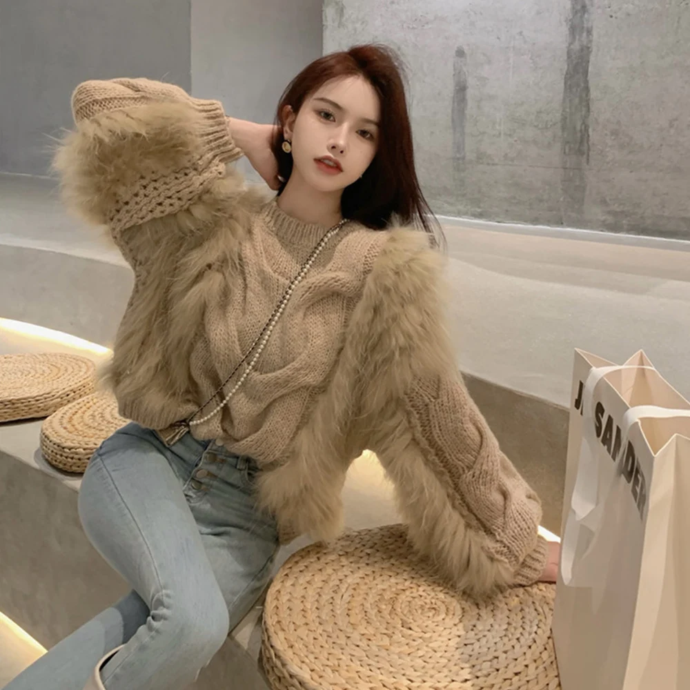 Женский пуловер с мехом вязаный шерстяной свитер в Корейском стиле 2021 | Женская