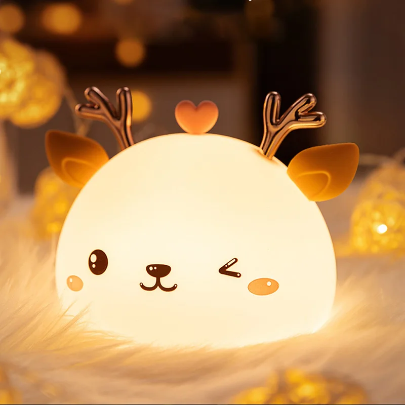 

D2 Cute LED Night Light Silicone Touch Sensor 7 Colors Deer Night Lamp Kids Baby Bedroom Desktop Decor Ornaments USB Charge Gift