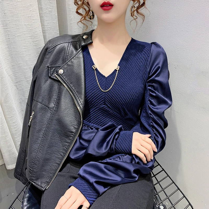 

New 2021 Spring Women's Top Fashion Casual V-Neck Stitching Chiffon Shirt Solid Color Plus Size Female T-Shirt Blusas