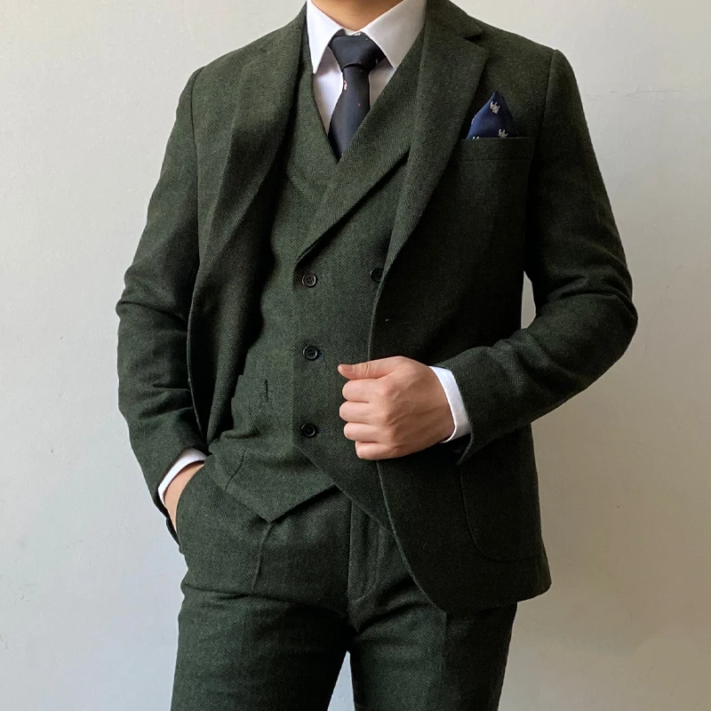 

RICODESIGN men's slim fit formal business suit set 3 pieces green tweed jacket pants vest fashion winter tailored suit