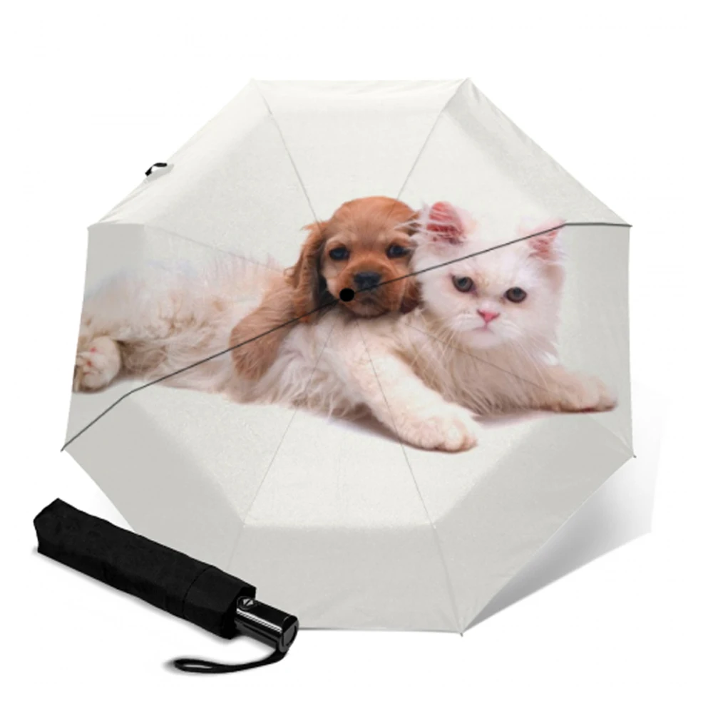 Автоматический складной зонт с принтом милых собак и котят ветрозащитный тремя