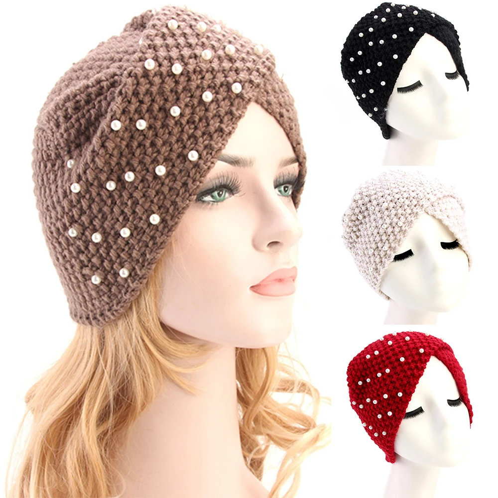 Вязаная шапка с жемчугом на осень и зиму Женская фетровая Женский тюрбан