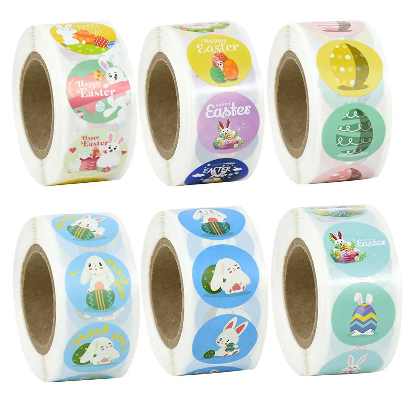 

500Pcs Happy Easter Round Label Sticker Cartoon Bunny Adhesive Tag Stickers Easter Party Kids Gift Package Sealing Supplies