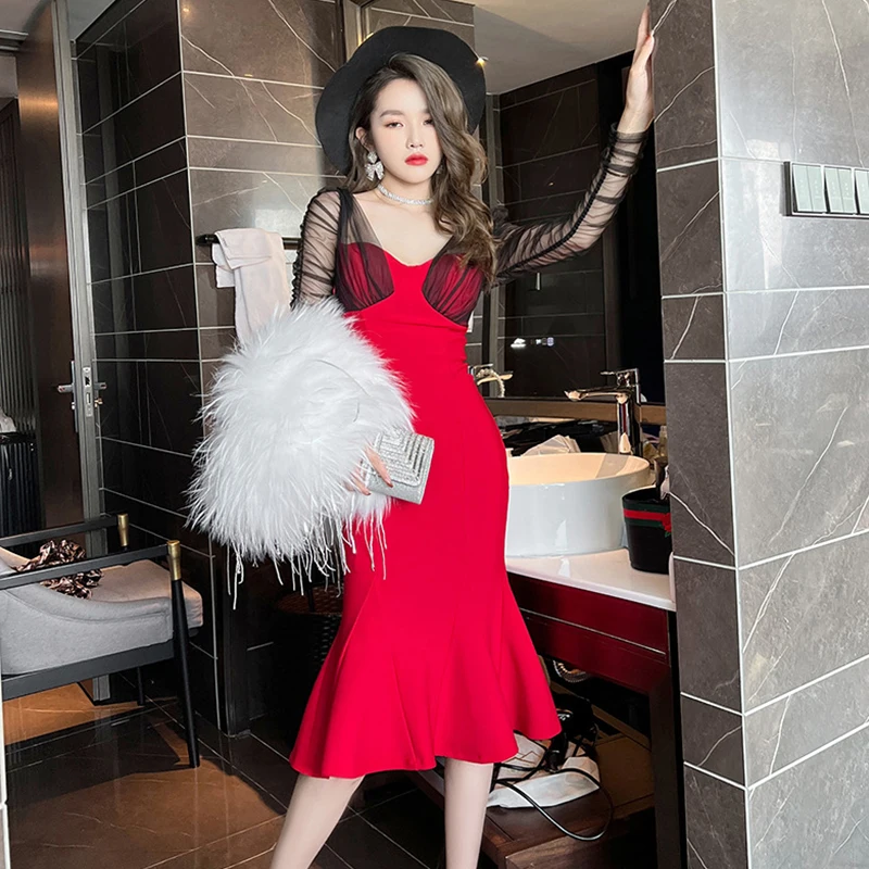 

Модное женское пикантное ретро платье миди с глубоким вырезом и квадратным вырезом для вечерние и клубов элегантное кофейное Сетчатое прозрачное женское платье-Русалка