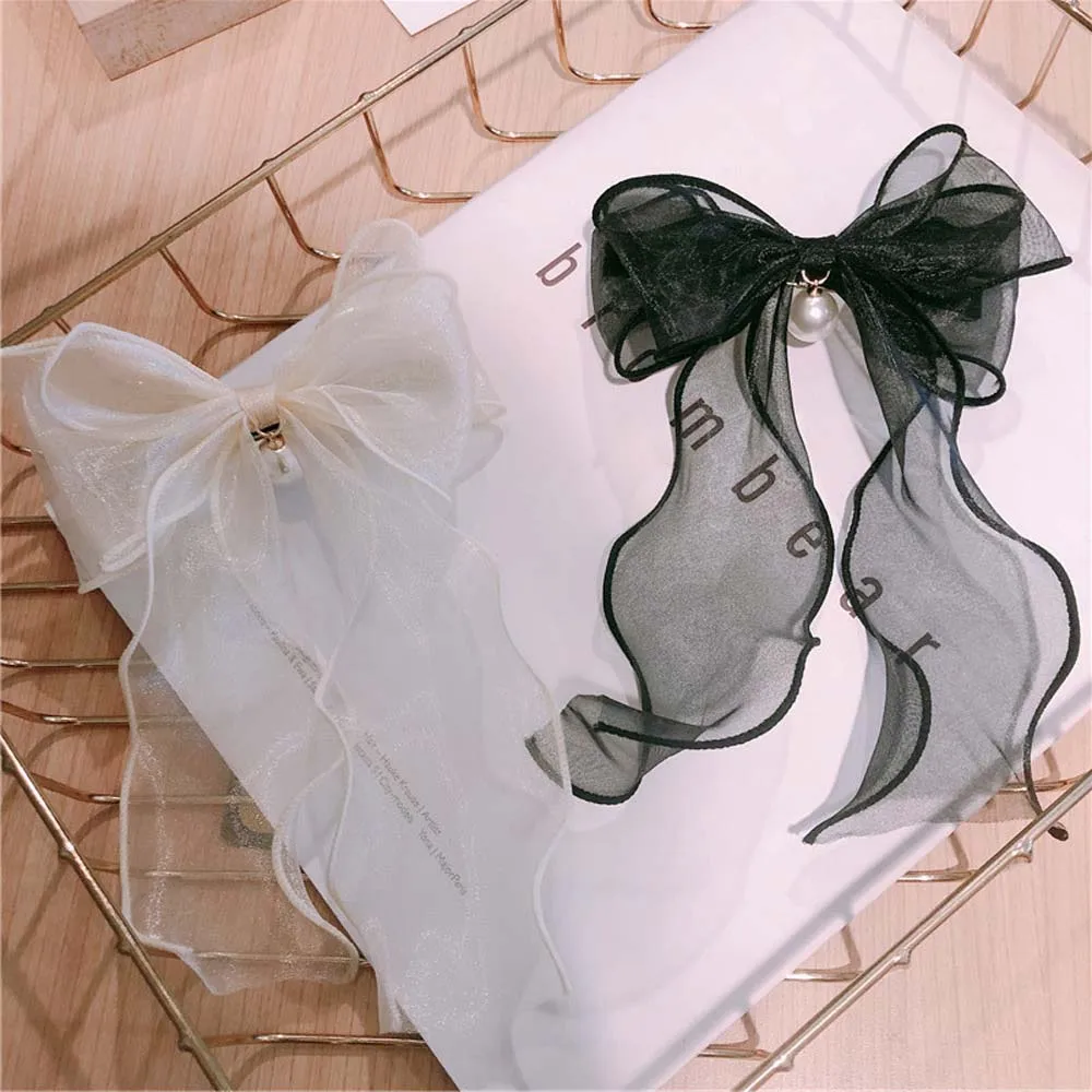 

2021 Hot Ribbon Bow Banana Clip Cute Pearl Hair Pins Lace Barrette Hairpin Women Girls Korean Style Vertical Fashion Hair Claw