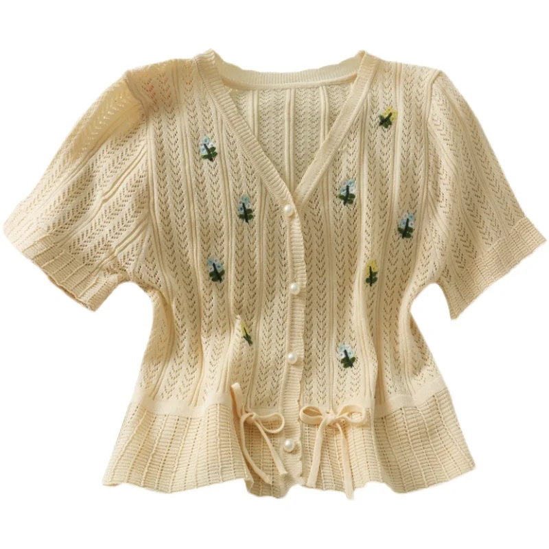 

Kimutomo Hollow Out Short Sleeve Blouse Women 2021 Summer Fresh Style Single Breasted V-neck Short Open Umbilical Shirt Casual
