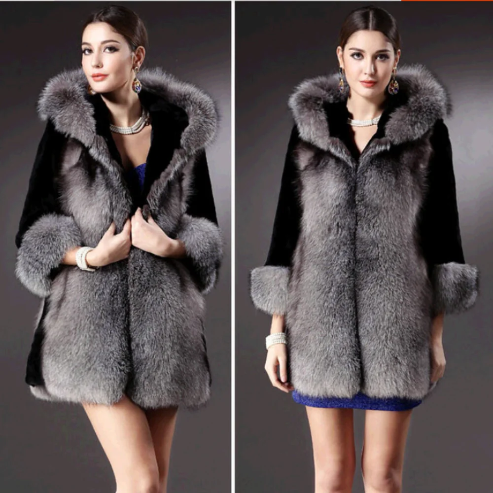 Plus Size Hooded Fur Outerwear Thicken Warm Winter Jackets Female Slim Three Quarter Sleeve Fashion Faux Fox Fur Coat Fashion