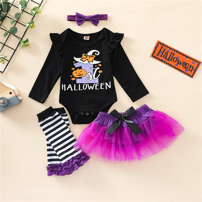 

Newborn Girls Halloween Romper Mesh Skirt Pants Foot Cover Headband Horizontal Stripes Autumn Baby Clothing