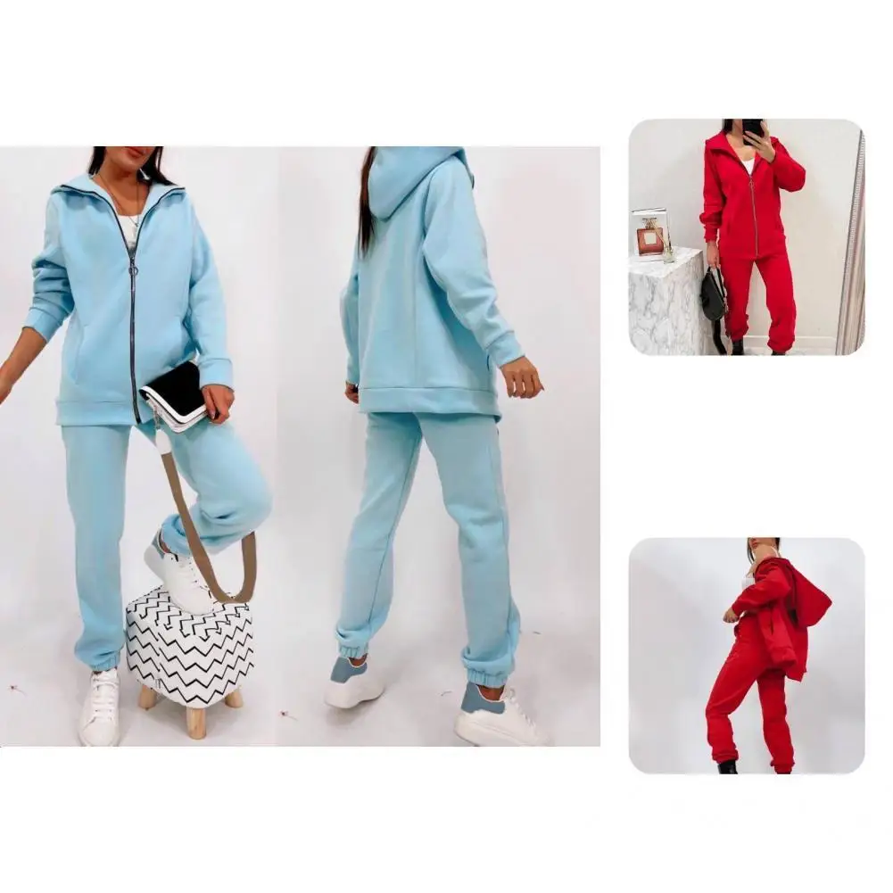

1 Set Modern Solid Color Zipper Closure Full Zip Legging Women Hoodie Pants Set for Streetwear Sports Suit Sports Suit