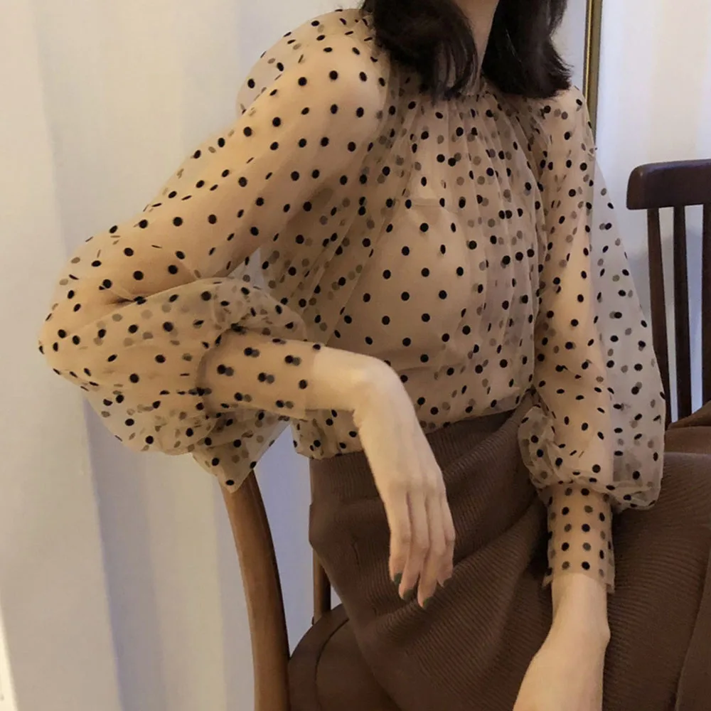 Женская блузка в горошек с длинным рукавом фонариком|Блузки| |