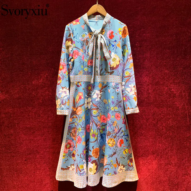 Женское платье средней длины Svoryxiu синее приталенное с цветочным принтом