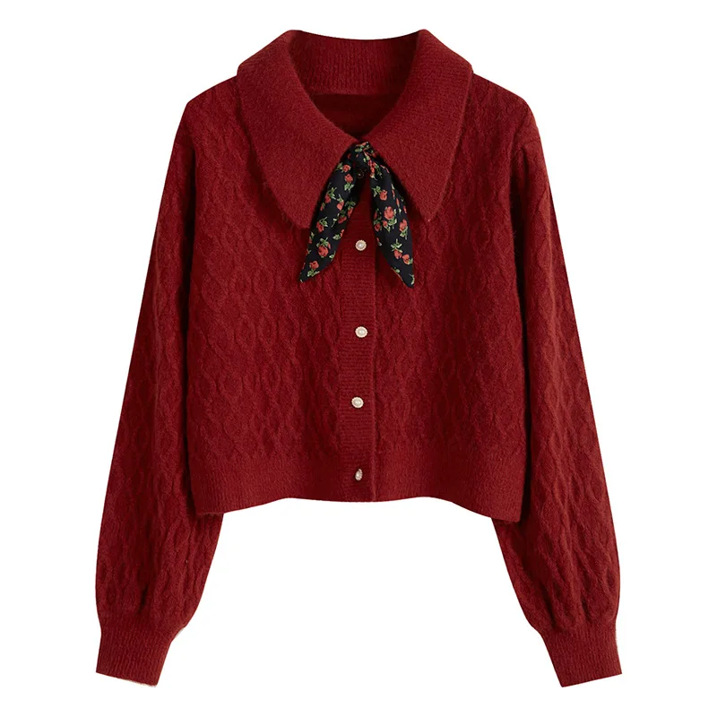 

2020 autumn winter turn-collar loose thick sweater women long sleeve short cardigan casual sweater jumper with bowknot