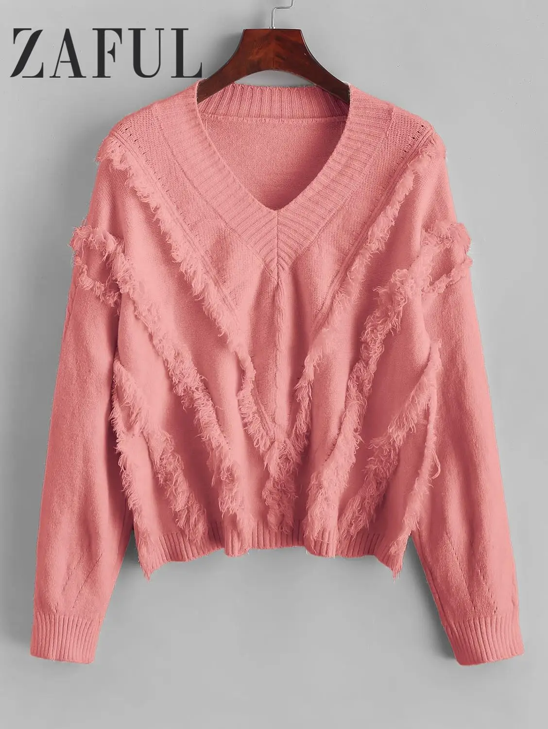 Zaful Winter Solid Women Causal Sweater V Neck Drop Shoulder Fringe Female Pullovers Long Sleeves Knitted Tassel Feminino Jumper | Женская