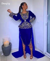 vintage royal blue karakou morrocan evening dresses 2022 long sleeve arabic short front prom dress with train beaded lace vestid