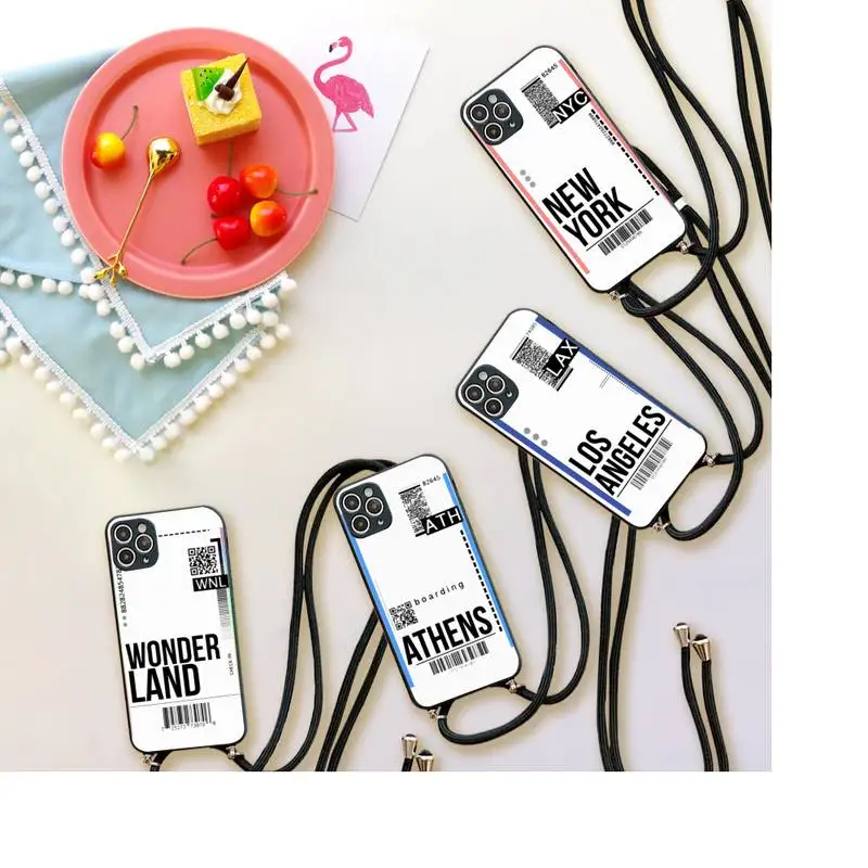 

Air ticket USA city London Paris Tokyo Phone Case For iPhone 7 8 11 12 X XS XR MINI Pro Max Plus Strap Cord Chain Lanyard soft