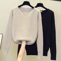 fall new women long sleeve knits sweater pullover solid v neck korean minimalism casual ol commuter autumn winter female tops