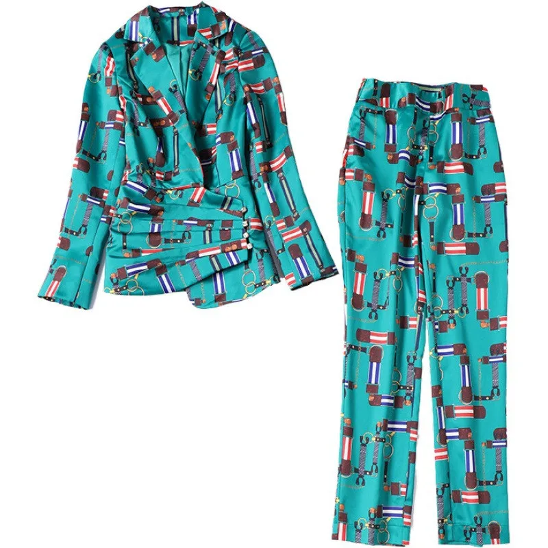 

Women's suit new POLO collar chain print jacket + nine points straight pants suit professional wear formal women's suit set