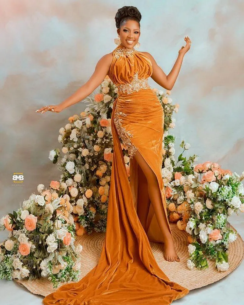 

Formal Aso Ebi Mermaid Evening Dresses For Women Party Velvet Applique High Neck African Prom Gowns Wedding Guest Wear