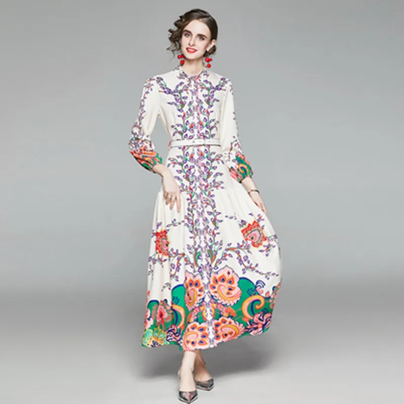 

Runway Fashion Vacation Long Dresses High-End Women's Lantern Sleeve Single-Breasted Vintage Floral Printed Party Dress