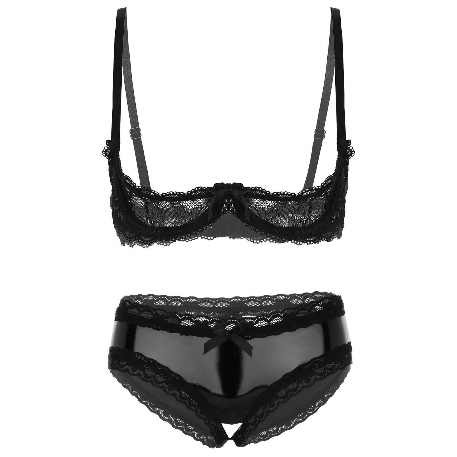 

Women Hallow Out Sexy Lingerie Suit Sissy Party Clubwear Ladies Lace Sheer Underwire Bras with Patent Leather Crotchless Briefs