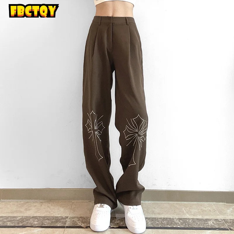 

2021 autumn new women's wear solid color high waist loose fashion letter hot diamond casual wide leg pants sweatpants women
