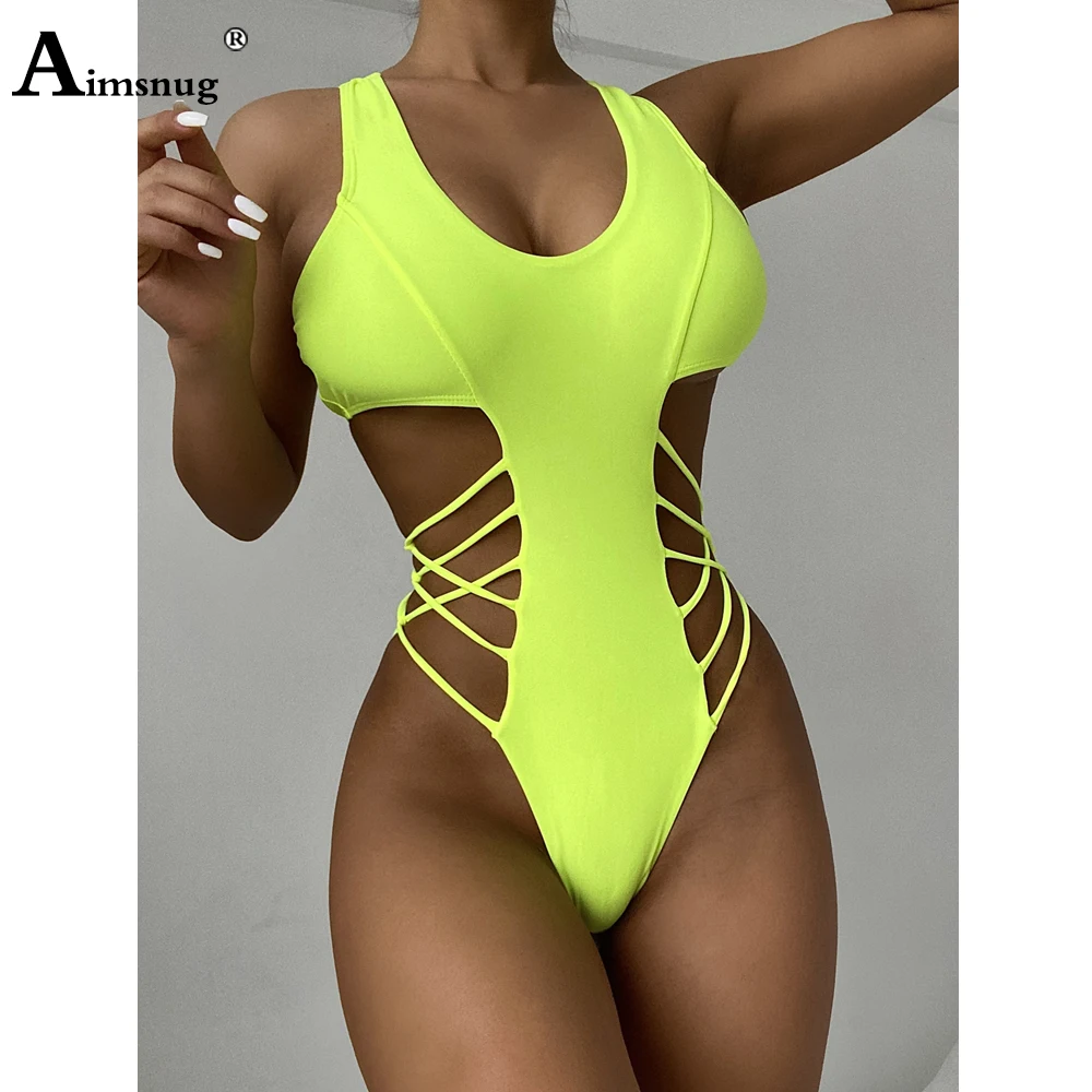 Women Fashion One-Piece Swimsuit High Cut Bathing Suit 2022 Summer New Bandage Onesie Bodysuit Sexy Hollow Out Monokini Swimwear