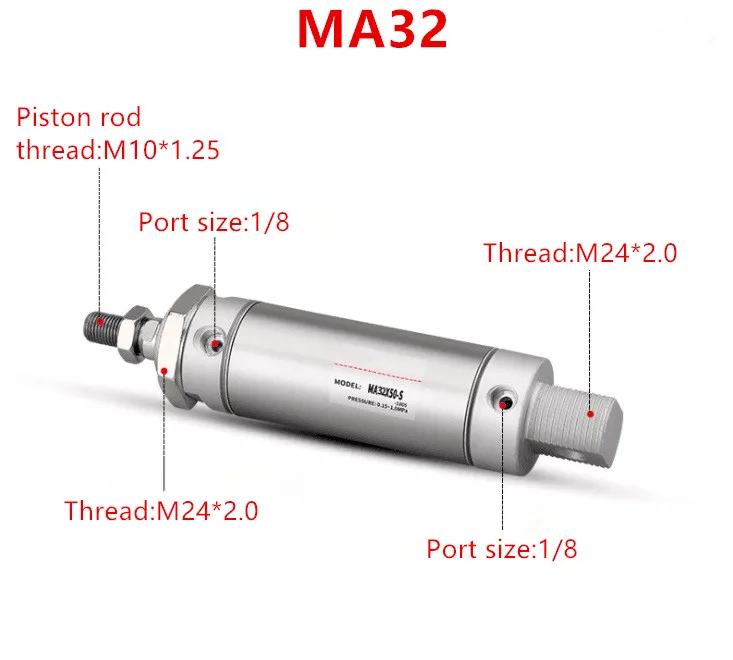 

Freeshipping Stainless Steel Pneumatic cylinder with magnet MA32 bore 32mm stroke 25-500mm double acting Single Rod Air Cylinder