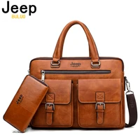 JEEP BULUO Brand MansBusiness Briefcase Bag 2pcs set Split Leather High Quality Men office Bags For 13 inch Laptop Causel
