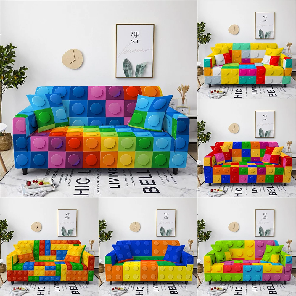 

Colorful Square Structure Sofa Cover for Living Room Decor 1/2/3/4 Seater Elastic Couch Cover L Sectional Sofa Stretch Slipcover