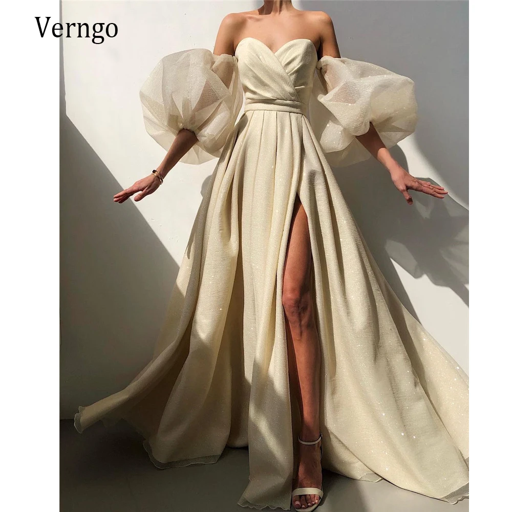 Verngo блеск светлый цвет Шампань А силуэт длинное вечернее платье со съемными пышными рукавами сердечком складки с Боковым Разрезом вечерние платья