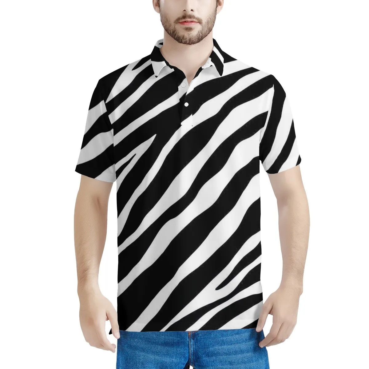 

Мужская рубашка-поло с принтом зебры, черно-белая рубашка-поло с принтом в полоску, лацканами и манжетами на 3 пуговицах, летняя спортивная м...