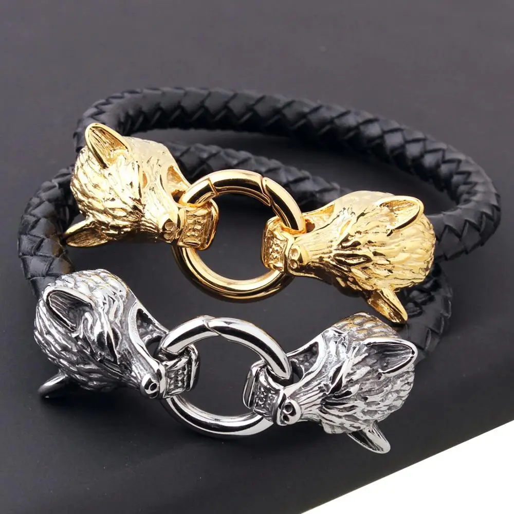 

22cm long High Quality Cool Punk Men Bracelets Braided Genuine Leather 316L Stainless Steel Wolf Bracelet Jewelry Friendship