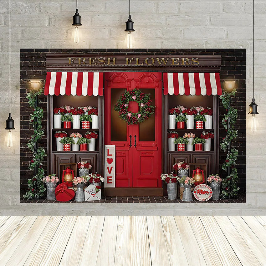 

Mehofond Fresh Flower Shop Background Photography Valentine's Day Birthday Party Street Lamp Letters Backdrop Studio Personalize